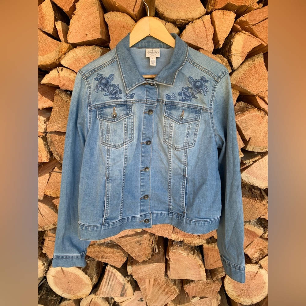 Embroidered Floral Shoulder Denim Jean Jacket Women Large